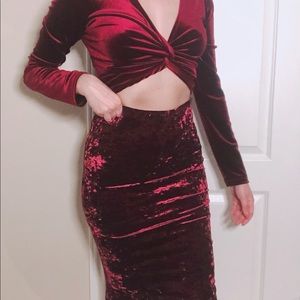 Maroon Crushed Velvet Two Piece Outfit